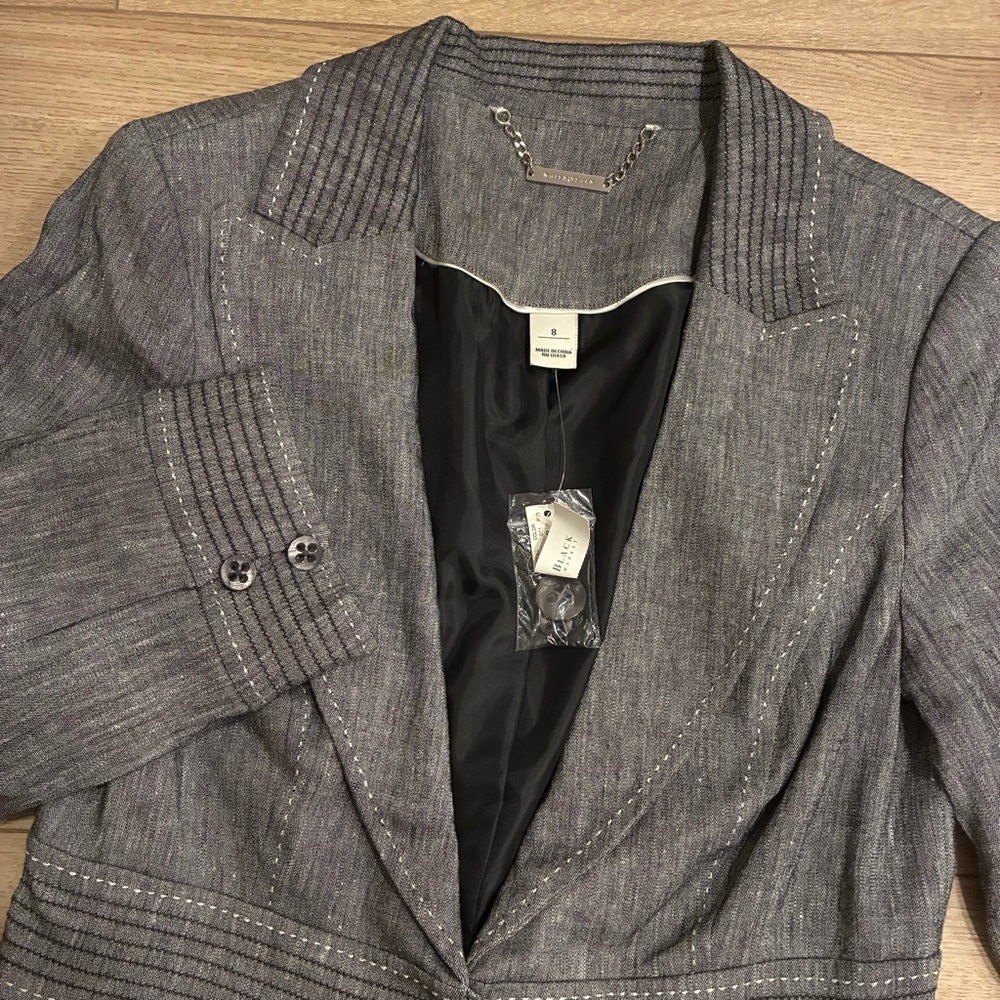 NWT White House Black Market Chambray Linen Blend Black Blazer Size 8